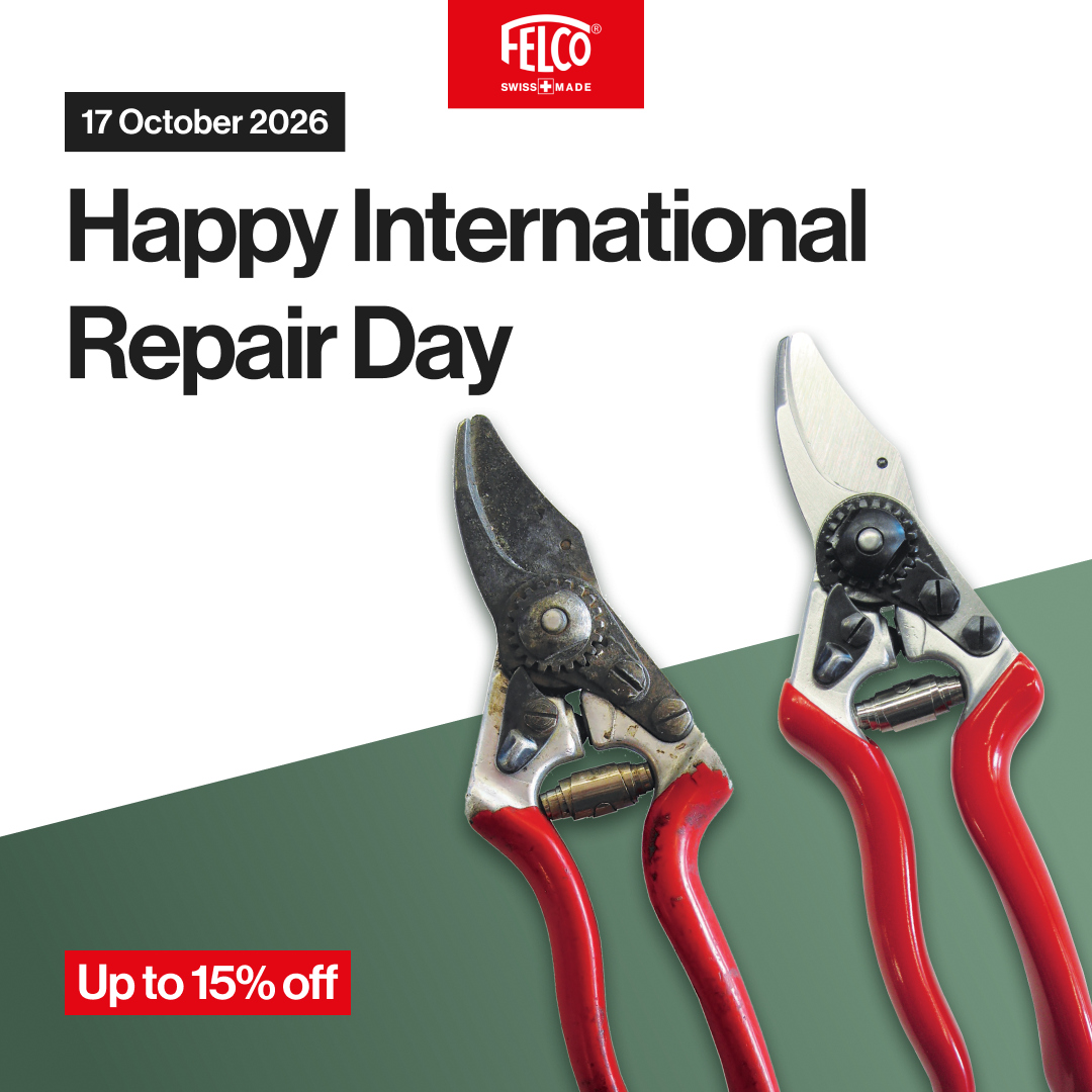Worn and maintained FELCO pruners. 17 October 2026. Happy International Repair Day. Up to 15% off — draft offer, unapproved.