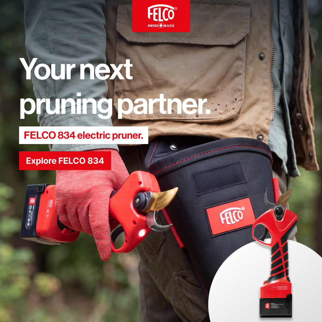 Gloved hand holding a FELCO 834 electric pruner beside a tool pouch. Your next pruning partner. FELCO 834 electric pruner. Explore FELCO 834.