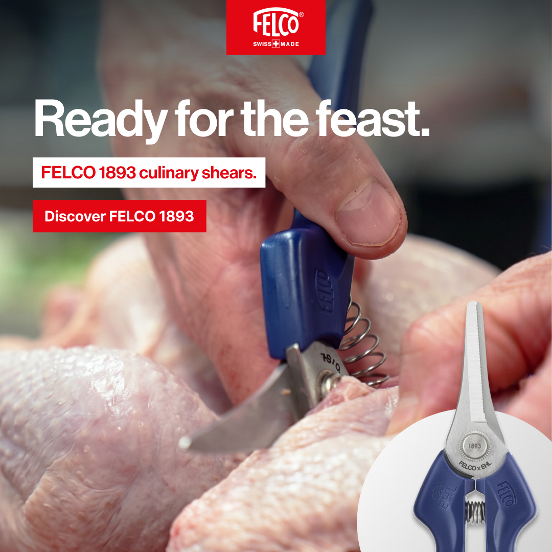 Blue FELCO 1893 culinary shears demonstrated on poultry. Ready for the feast. FELCO 1893 culinary shears. Discover FELCO 1893.