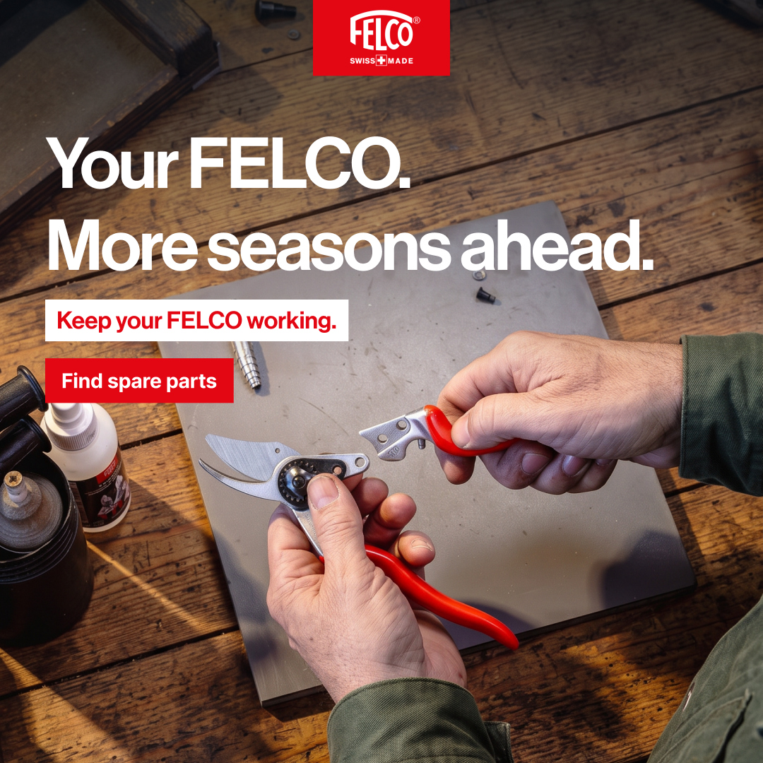 Hands maintaining a red FELCO pruner on a workbench. Your FELCO. More seasons ahead. Keep your FELCO working. Find spare parts.