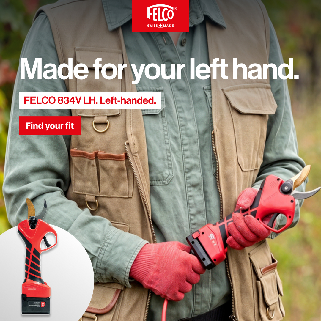 Left-handed product-use direction showing FELCO 834V LH in gloved hands. Made for your left hand. FELCO 834V LH. Left-handed. Find your fit.